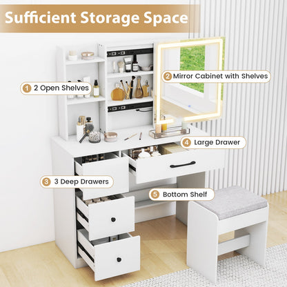 Vanity Desk with Sliding Mirror and Lights Makeup Table and Chair Set with 4 Drawers-White