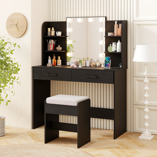 Tocador con espejo iluminado y taburete con enchufe - Negro