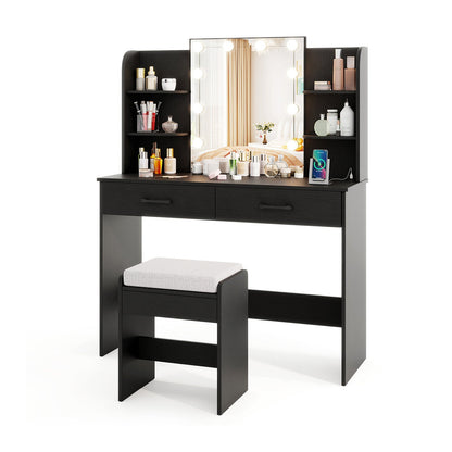 Tocador con espejo iluminado y taburete con enchufe - Negro
