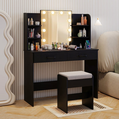 Tocador con espejo iluminado y taburete con enchufe - Negro