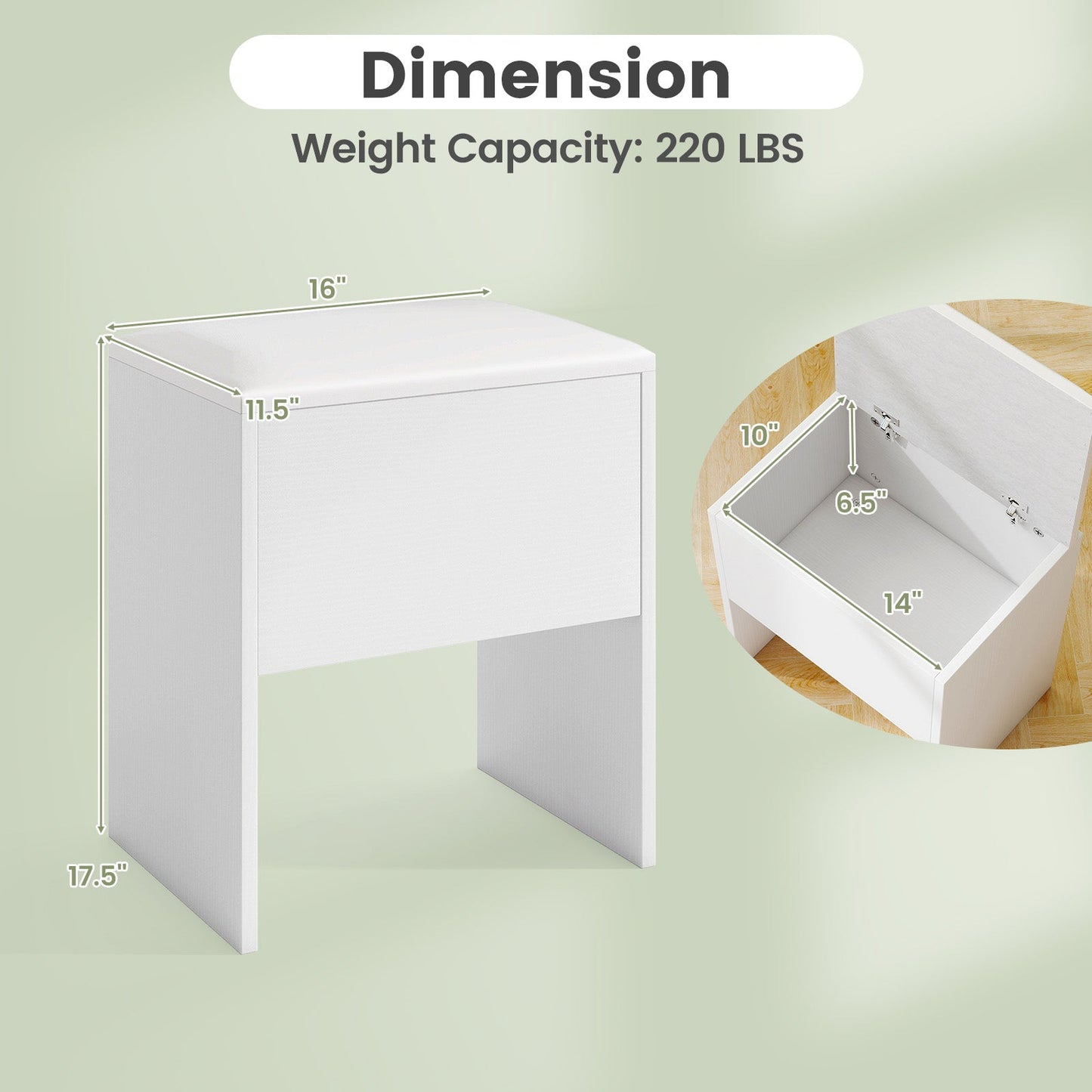 Vanity Stool Flip Top Storage Stool with Soft Padded Seat-White