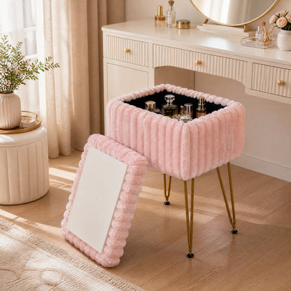 Vanity Stool with Storage and Reversible Lid pink plush fabric gold legs DirectDeals on Tampa Home & Garden Store