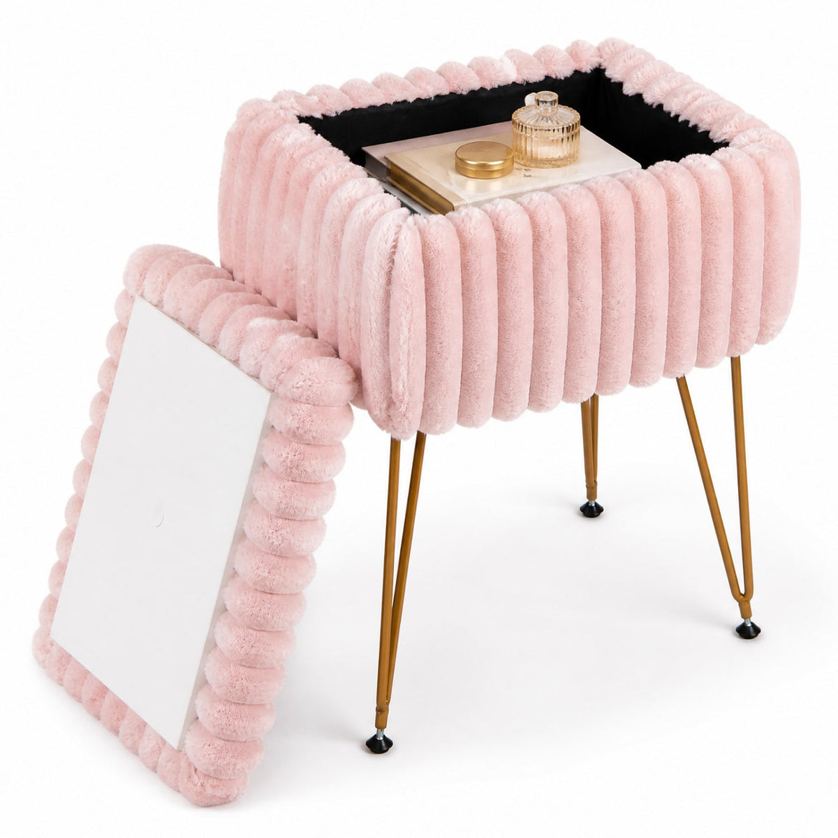 Vanity Stool pink plush with storage, reversible lid, gold-tone legs by DirectDeals on Tampa Home & Garden Store