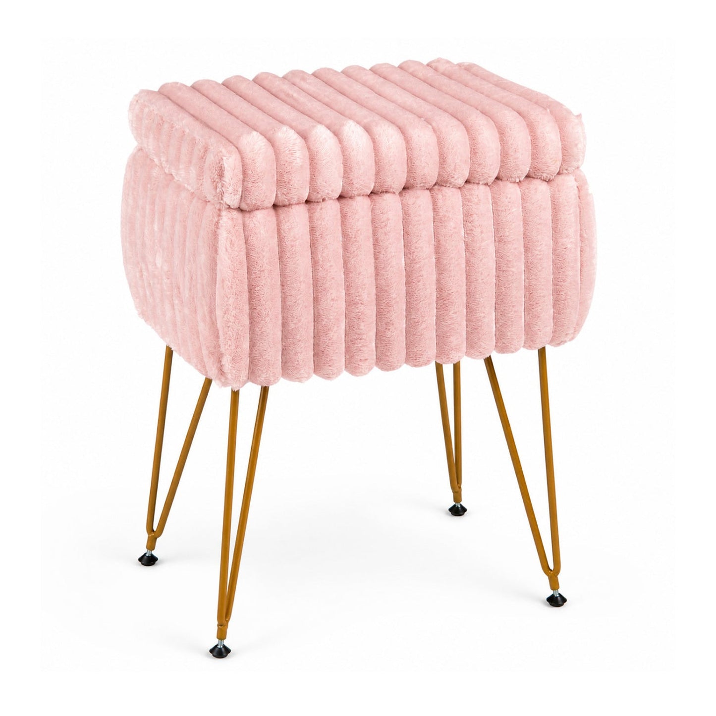 Vanity Stool pink plush ribbed upholstery with gold legs and storage lid DirectDeals on Tampa Home & Garden Store