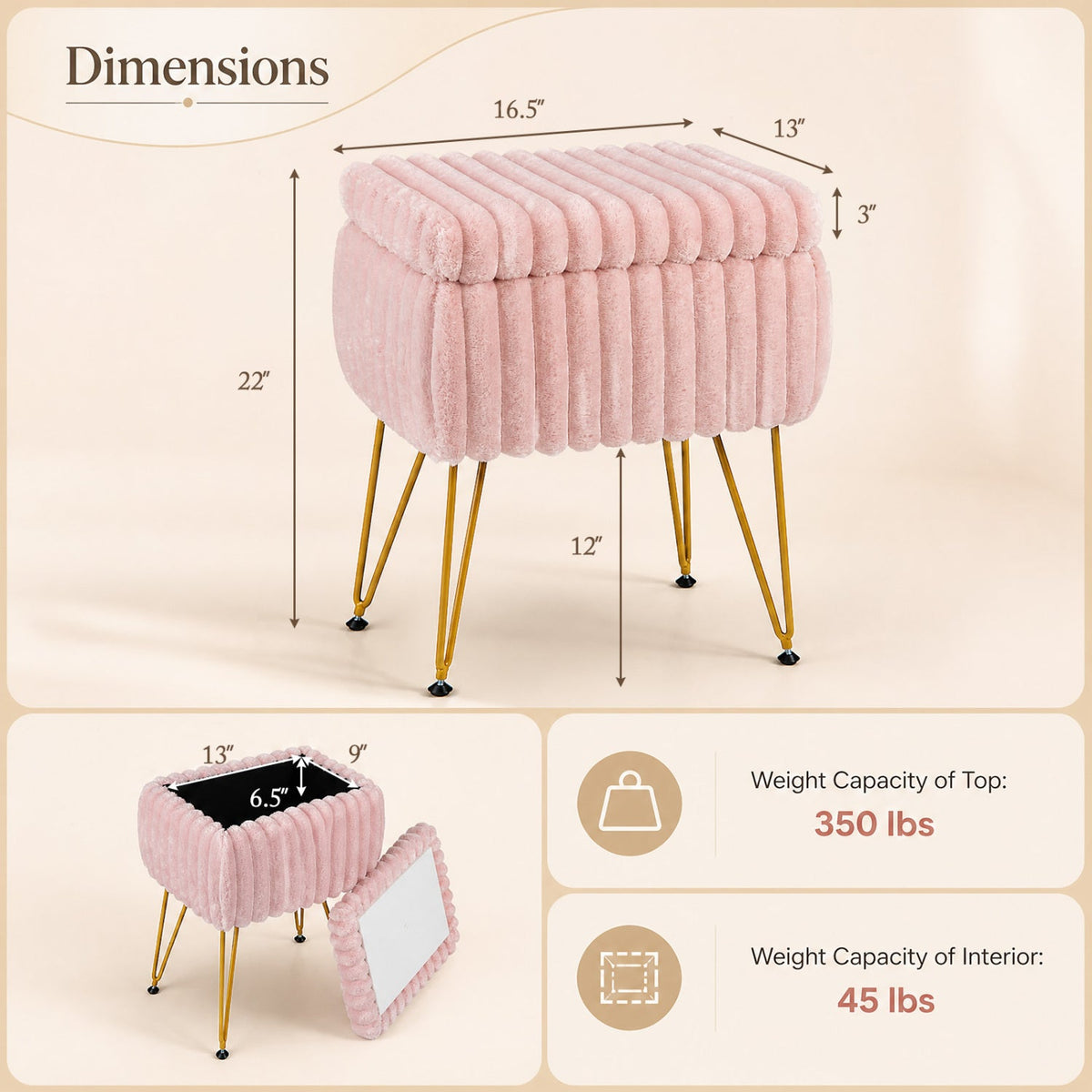 Vanity Stool DirectDeals pink plush with storage lid and gold legs on Tampa Home & Garden Store