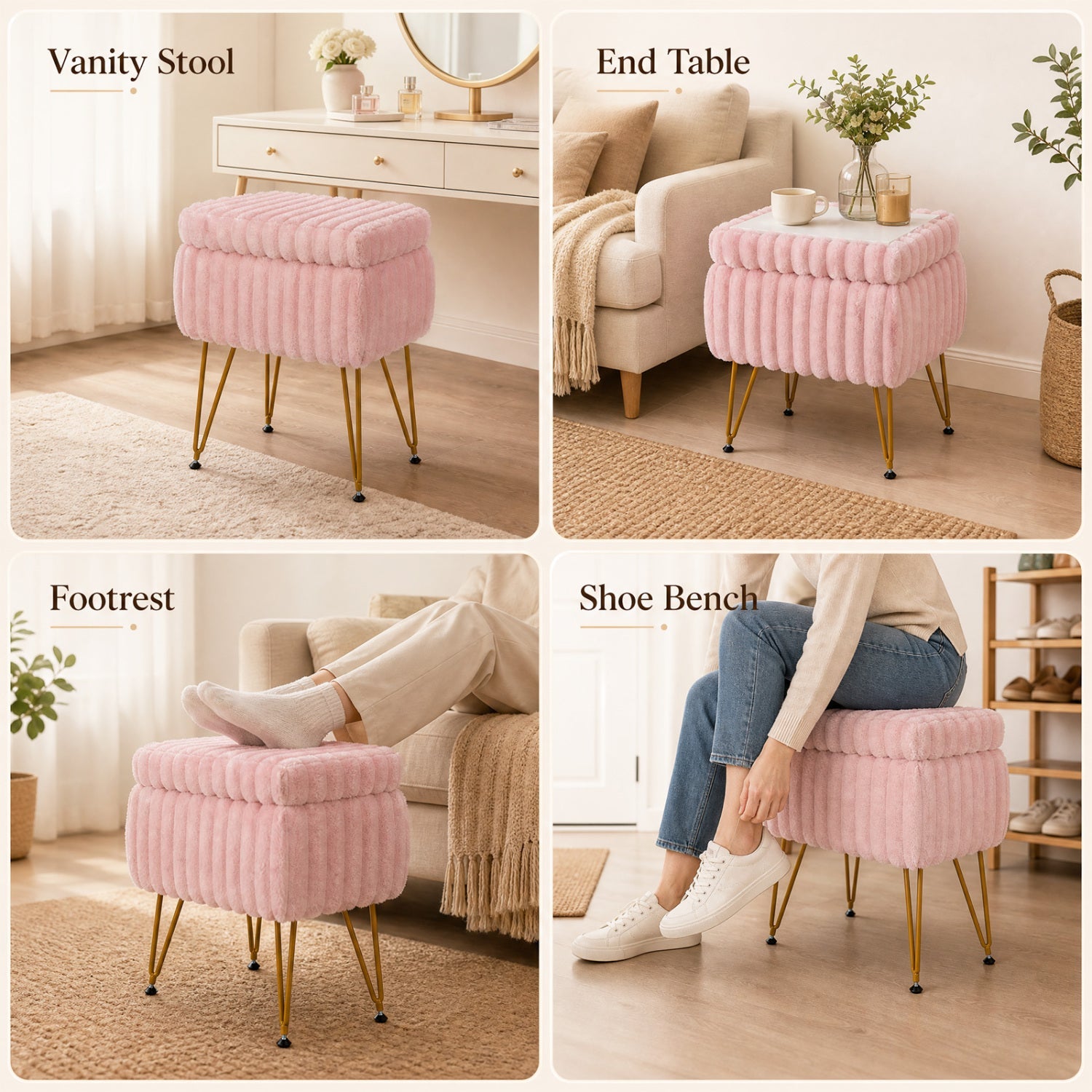 Pink vanity stool with storage and reversible lid, gold legs; doubles as end table and footrest on Tampa Home & Garden Store