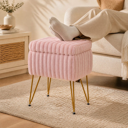 Vanity stool pink velvet with ribbed cushions and gold metal legs on Tampa Home & Garden Store