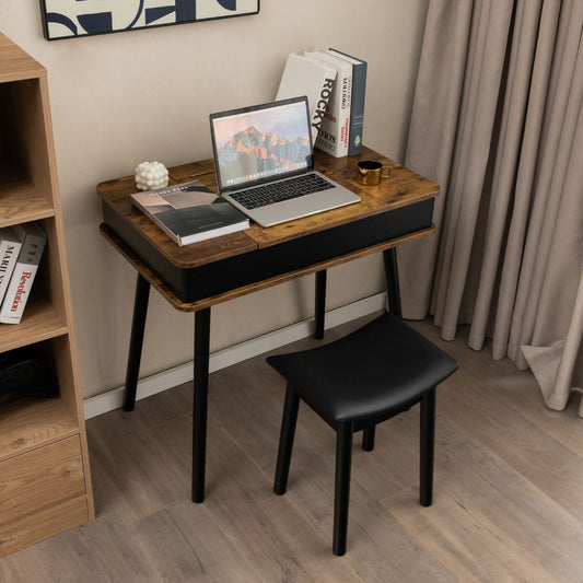 Juego de tocador con espejo superior abatible, luces, escritorio USB y taburete - Marrón