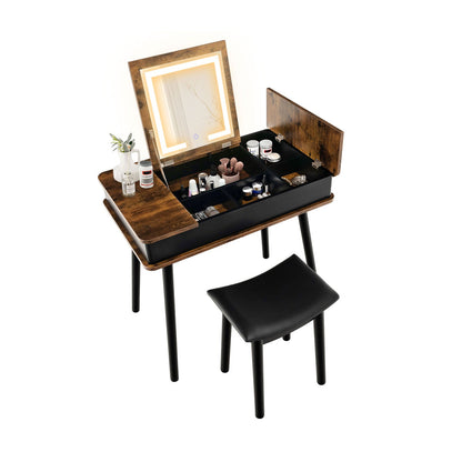 Juego de tocador con espejo superior abatible, luces, escritorio USB y taburete - Marrón