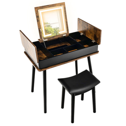 Juego de tocador con espejo superior abatible, luces, escritorio USB y taburete - Marrón