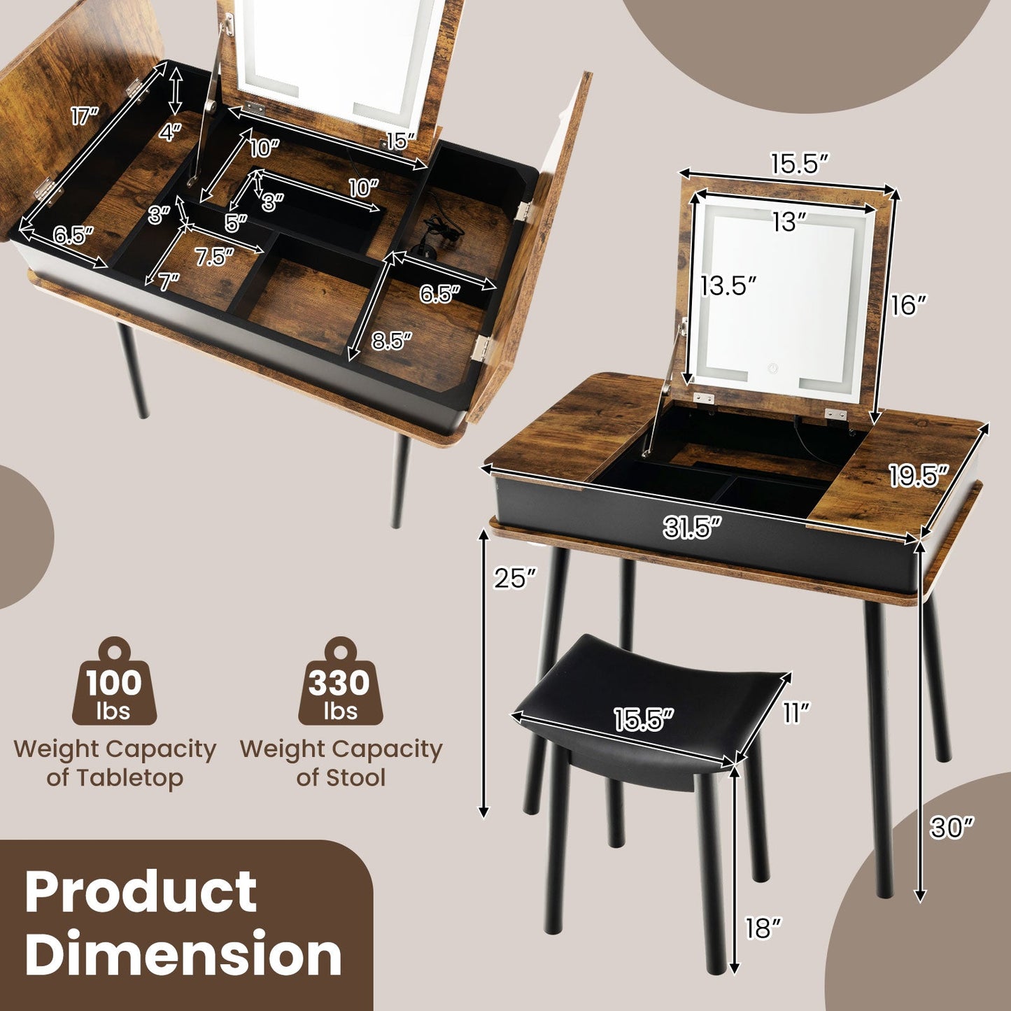 Juego de tocador con espejo superior abatible, luces, escritorio USB y taburete - Marrón