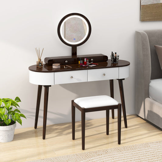 Juego de tocador de maquillaje con espejo LED y 3 cajones espaciosos - Blanco-Marrón