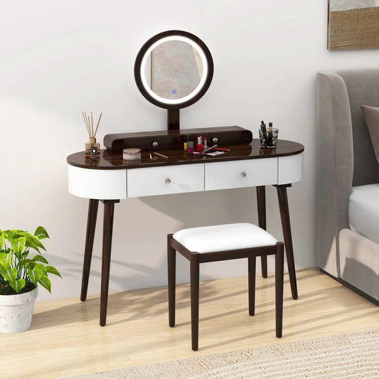 Makeup vanity with round LED mirror and 3 drawers, DirectDeals, dark wood top, white fronts on Tampa Home & Garden Store