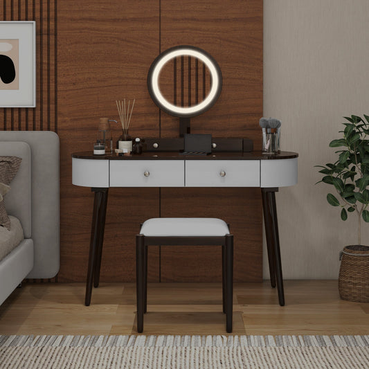 Juego de tocador de maquillaje con espejo LED y 3 cajones espaciosos - Blanco-Marrón
