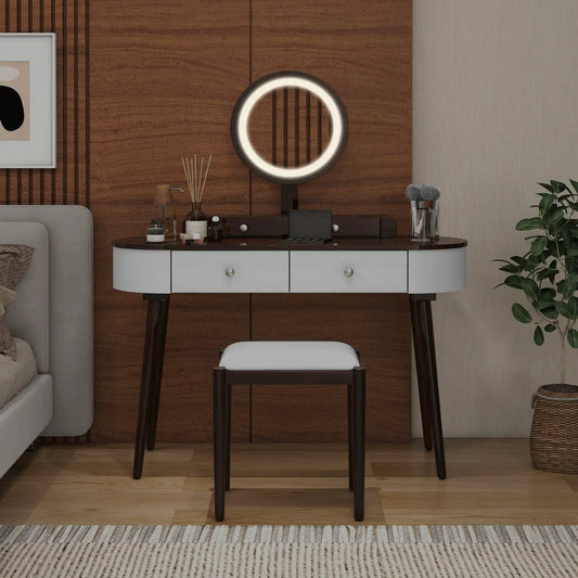 Makeup vanity table with LED ring mirror and 3 white drawers, dark wood top, DirectDeals on Tampa Home & Garden Store