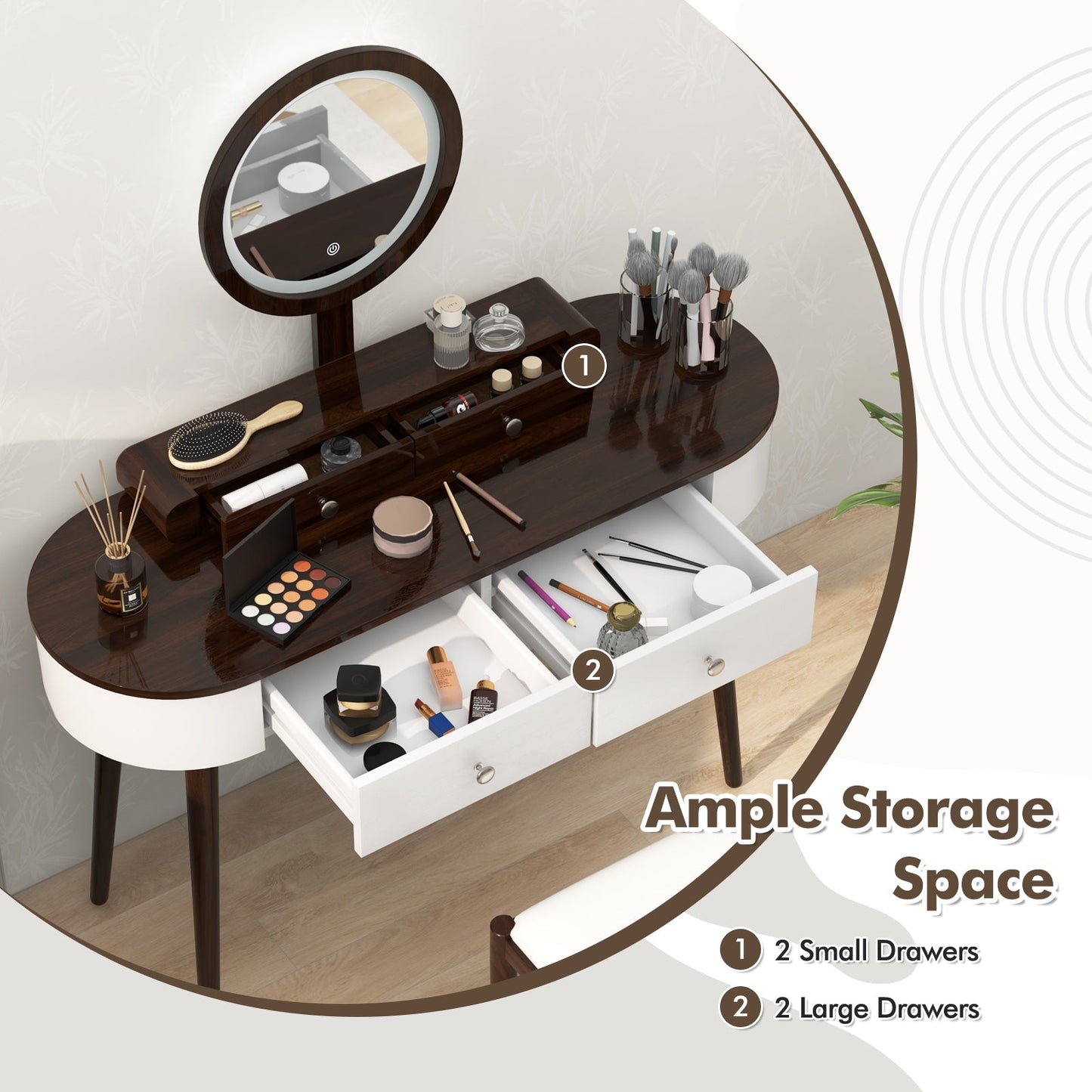 Makeup Vanity Table Set with LED Mirror and 3 Spacious Drawers-White-Brown
