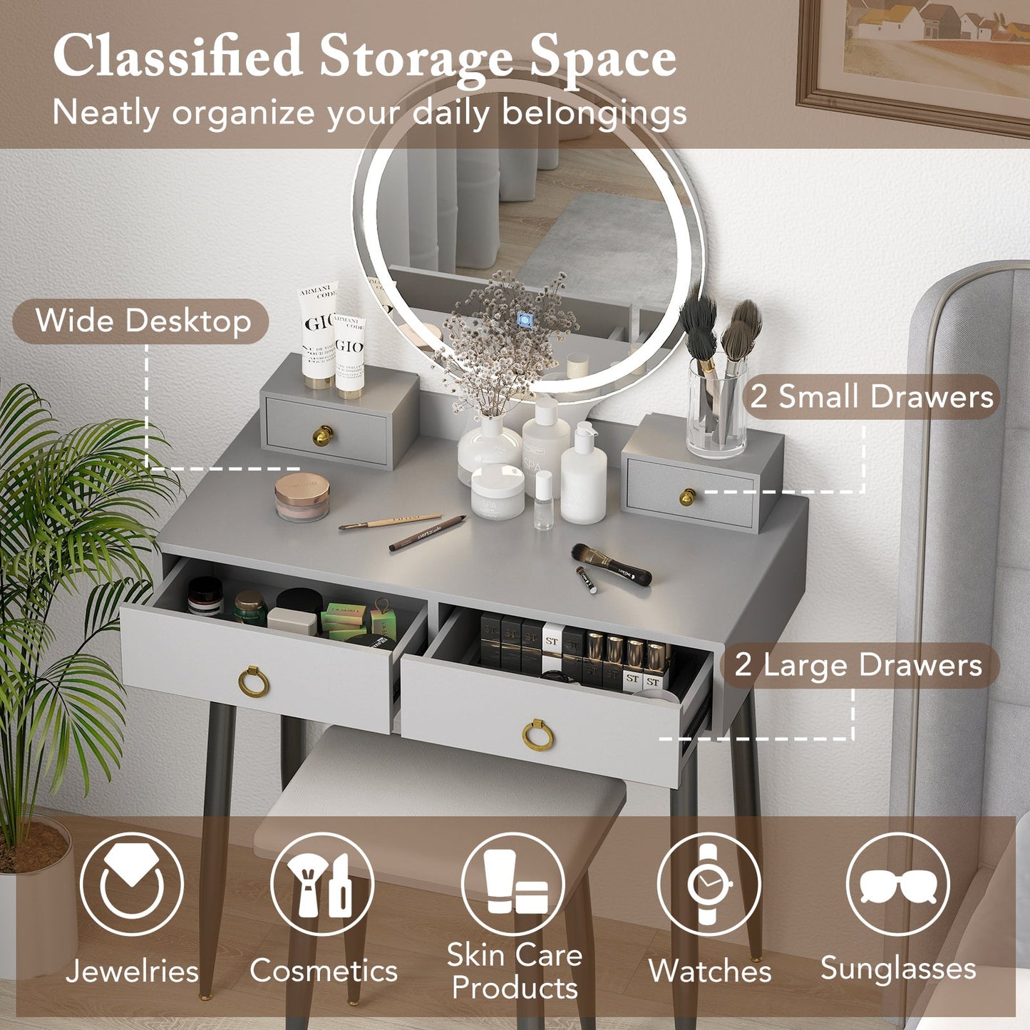 Vanity Table Set with Mirror-Gray