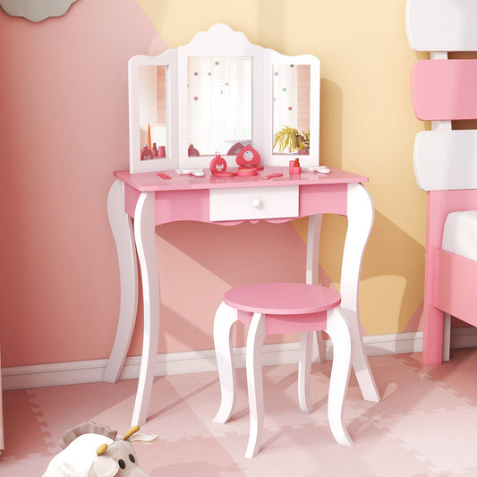 Kid's Wooden Vanity Table and Stool Set  with 3-Panel Acrylic Mirror-White - Tampa Home & Garden Store