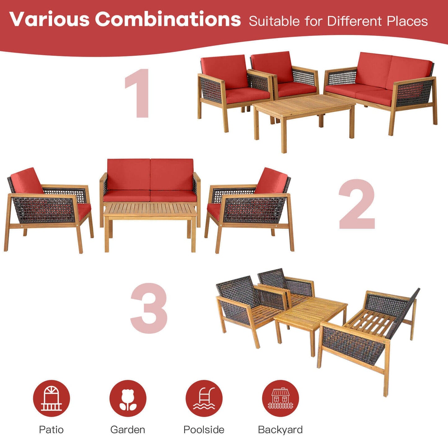 Juego de muebles de patio de ratán de 4 piezas con cojines extraíbles - Rojo