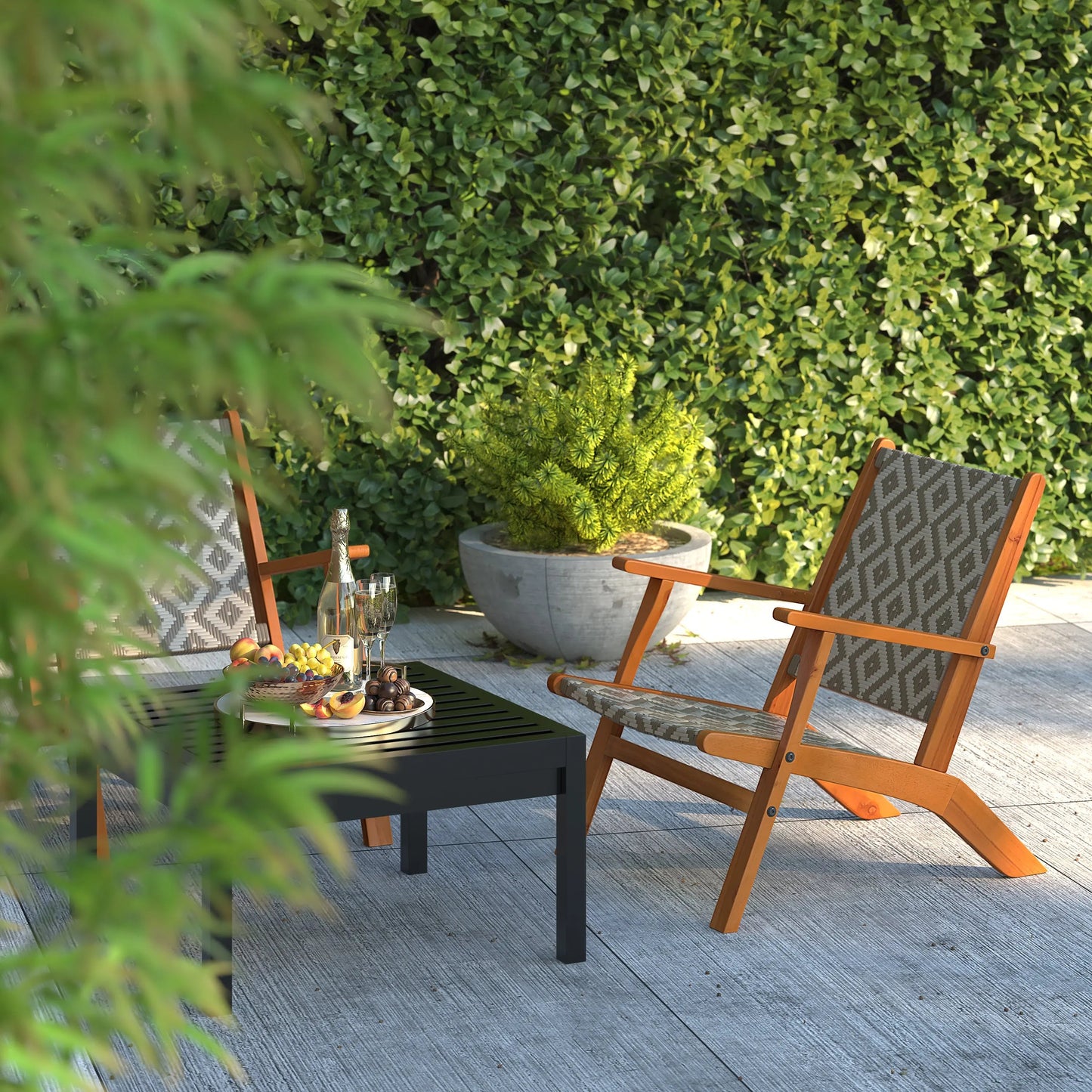 Pair of Vega Acacia Outdoor Chairs with diamond-weave gray wicker and acacia wood frames on Tampa Home & Garden Store