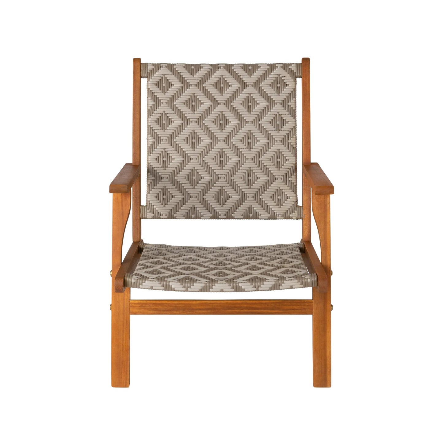 Vega Acacia Outdoor Chair with diamond weave beige wicker and warm wooden frame on Tampa Home & Garden Store