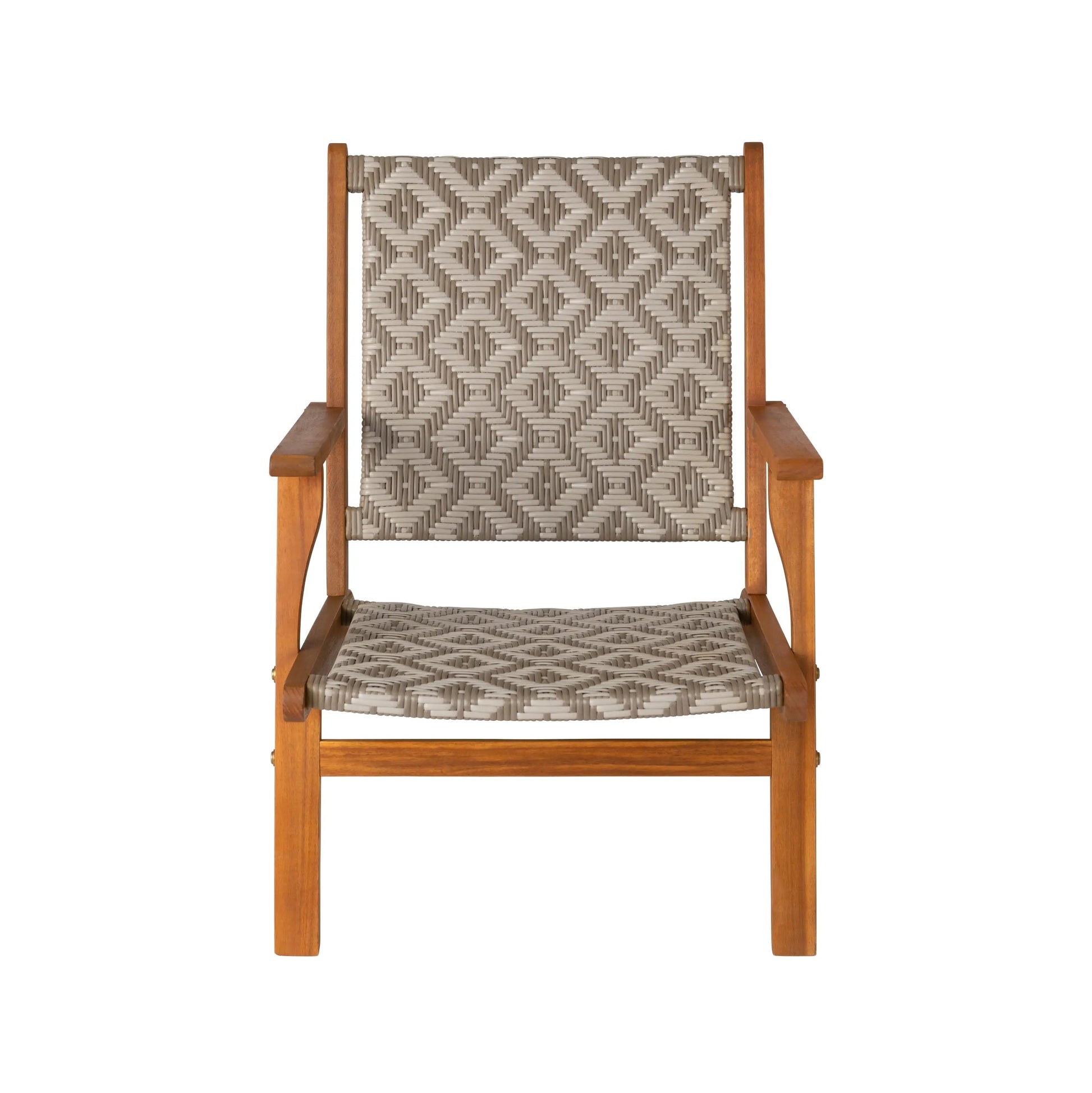 Vega Acacia Outdoor Chair with diamond weave beige wicker and warm wooden frame on Tampa Home & Garden Store