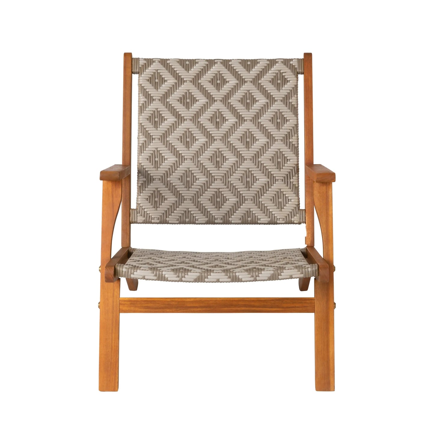 Vega Acacia Outdoor Chair with diamond-weave beige wicker on wood frame by Fire Sense on Tampa Home & Garden Store