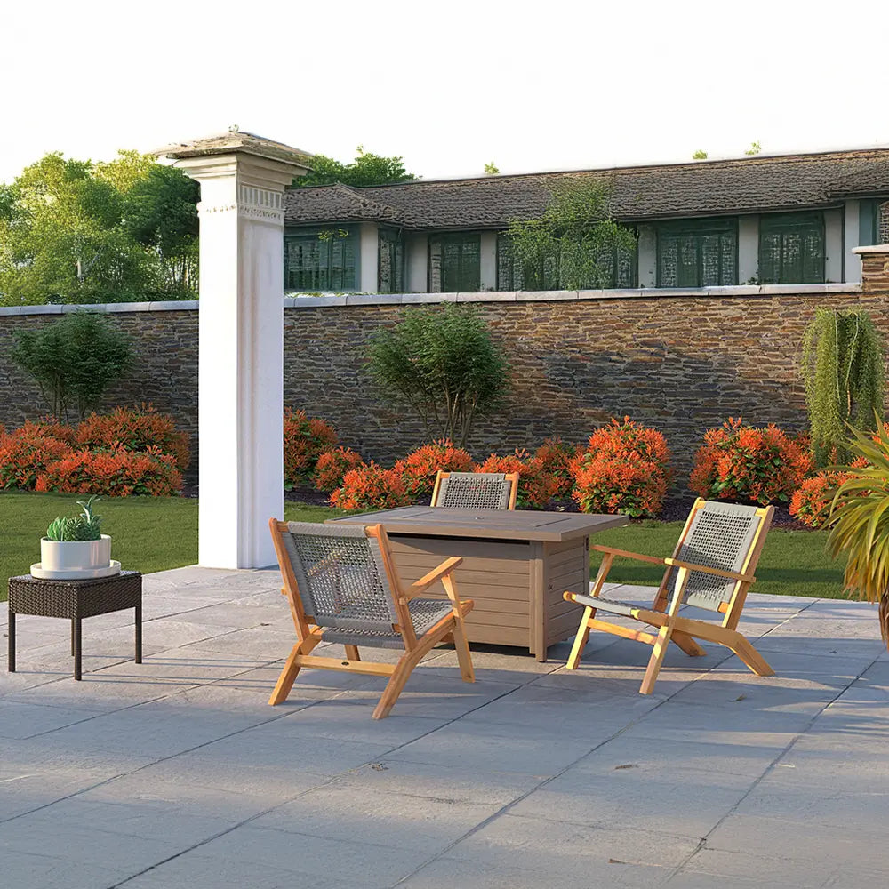 Vega Acacia Outdoor Chair in Gray Cording around a square dining table on a tiled patio on Tampa Home & Garden Store
