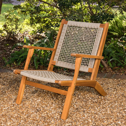 Vega Natural Stain Outdoor Chair in Ecru Cording with wood frame and woven seating two chairs on Tampa Home & Garden Store