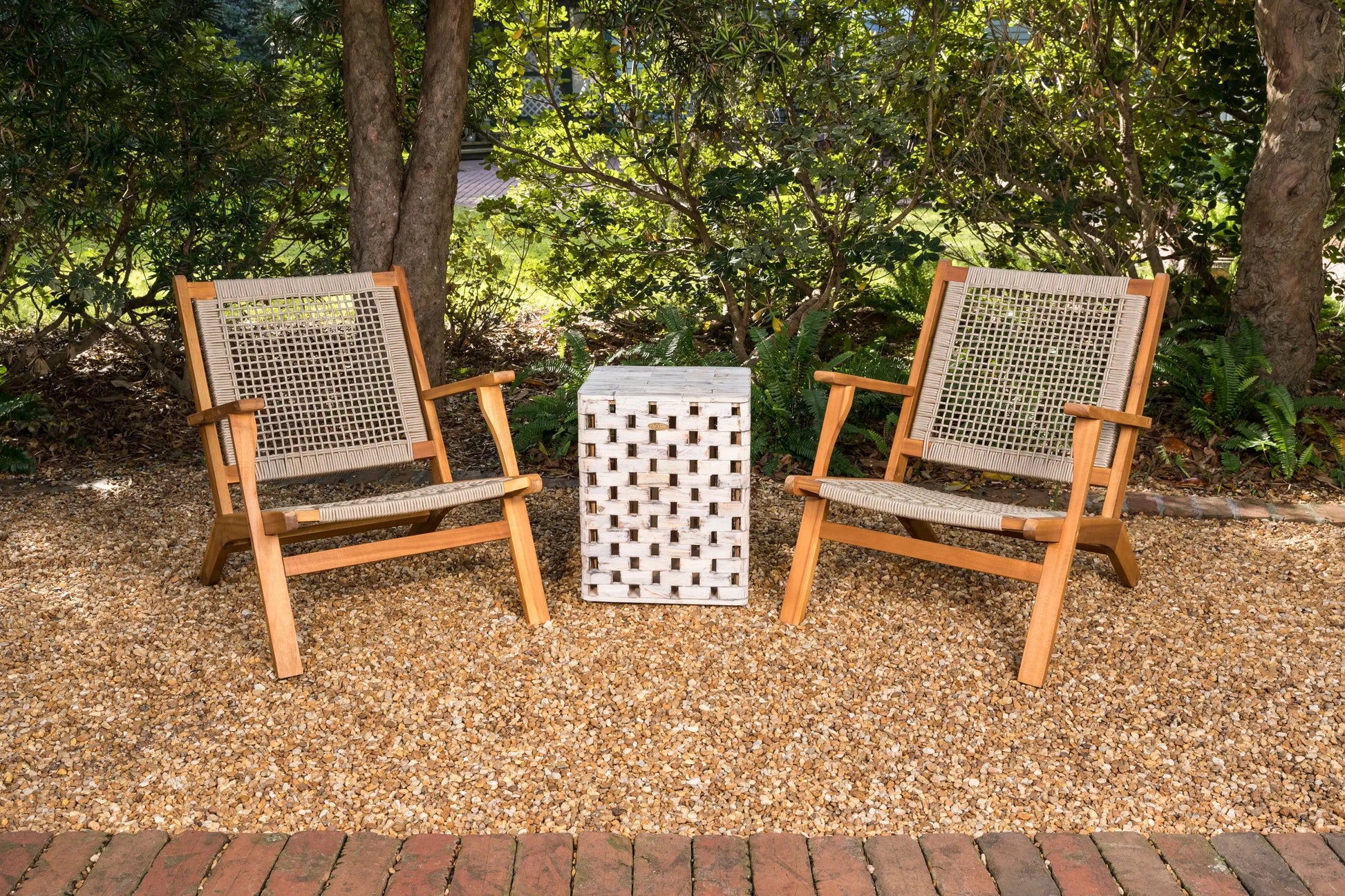 Vega Natural Stain Outdoor Chair in Ecru Cording; two wooden-frame chairs with woven beige cord on Tampa Home & Garden Store