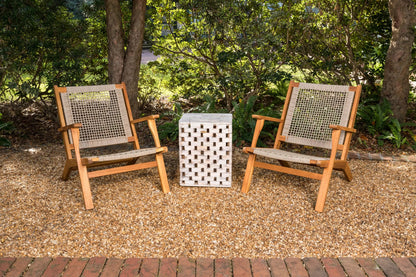 Vega Natural Stain Outdoor Chair in Ecru Cording; two wooden-frame chairs with woven beige cord on Tampa Home & Garden Store