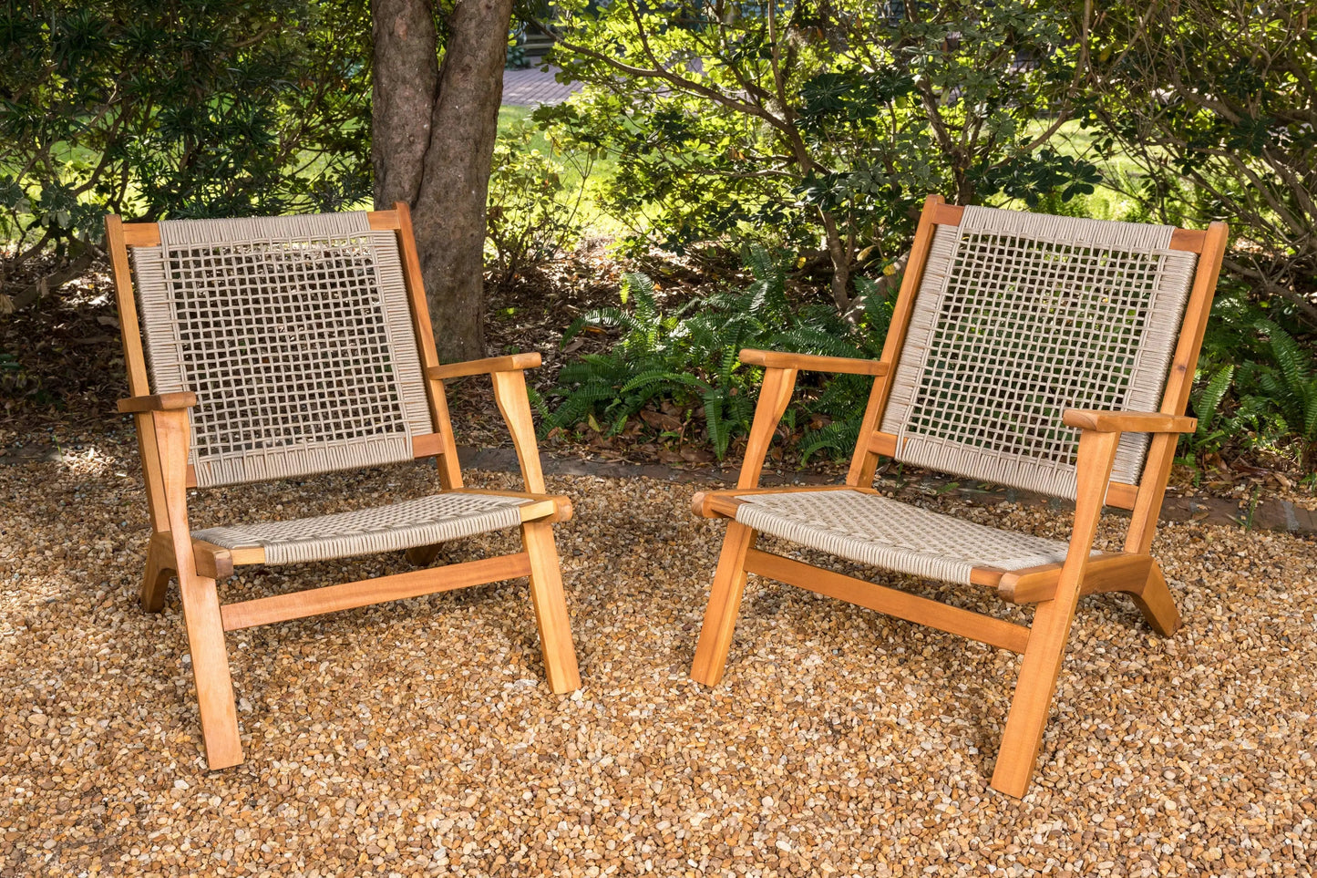 Vega Natural Stain Outdoor Chair in Ecru Cording pair of chairs; wooden frame with woven seat on Tampa Home & Garden Store