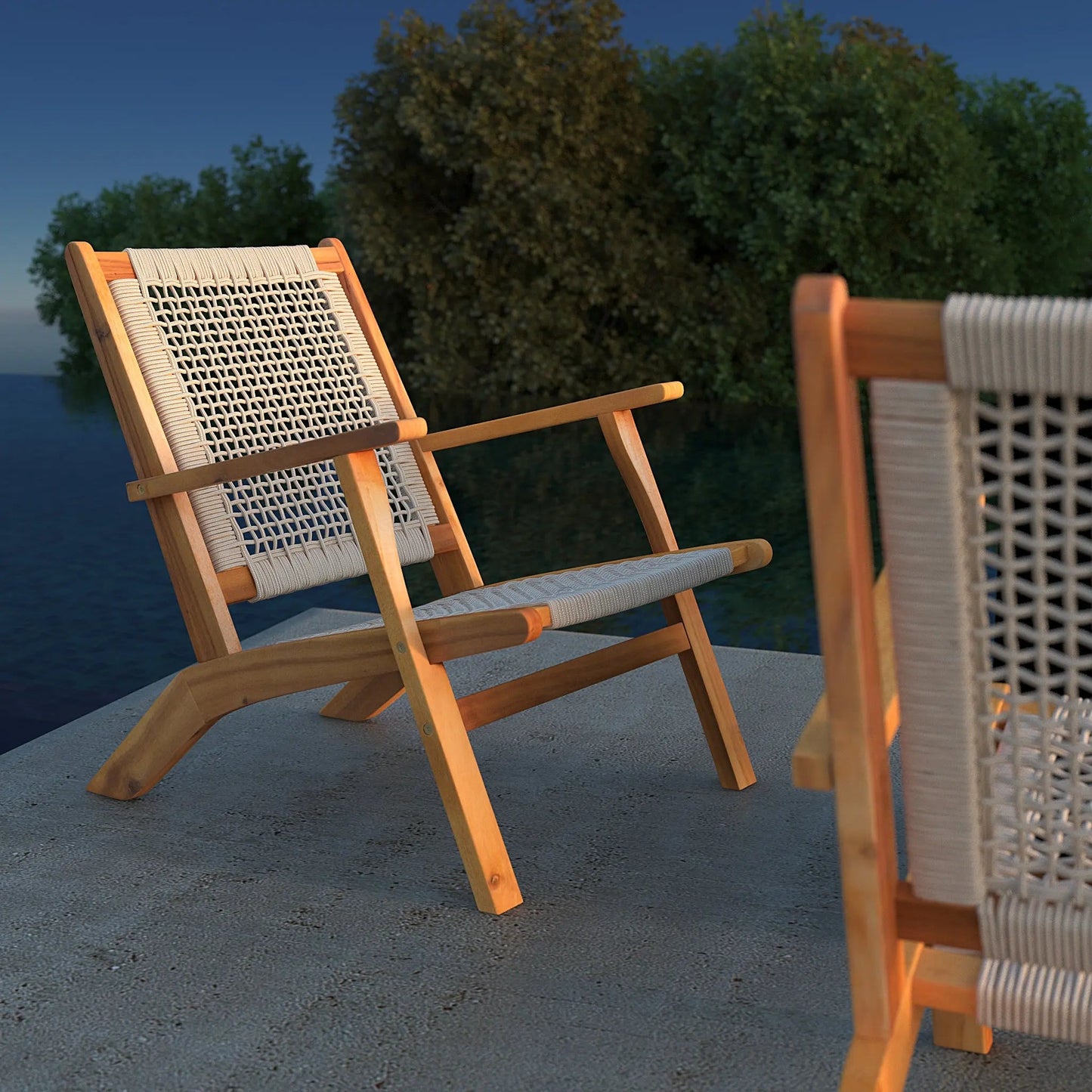 Two Vega Natural Stain Outdoor Chairs in Ecru Cording with wooden frames by Fire Sense/Balkene Home on Tampa Home & Garden Store