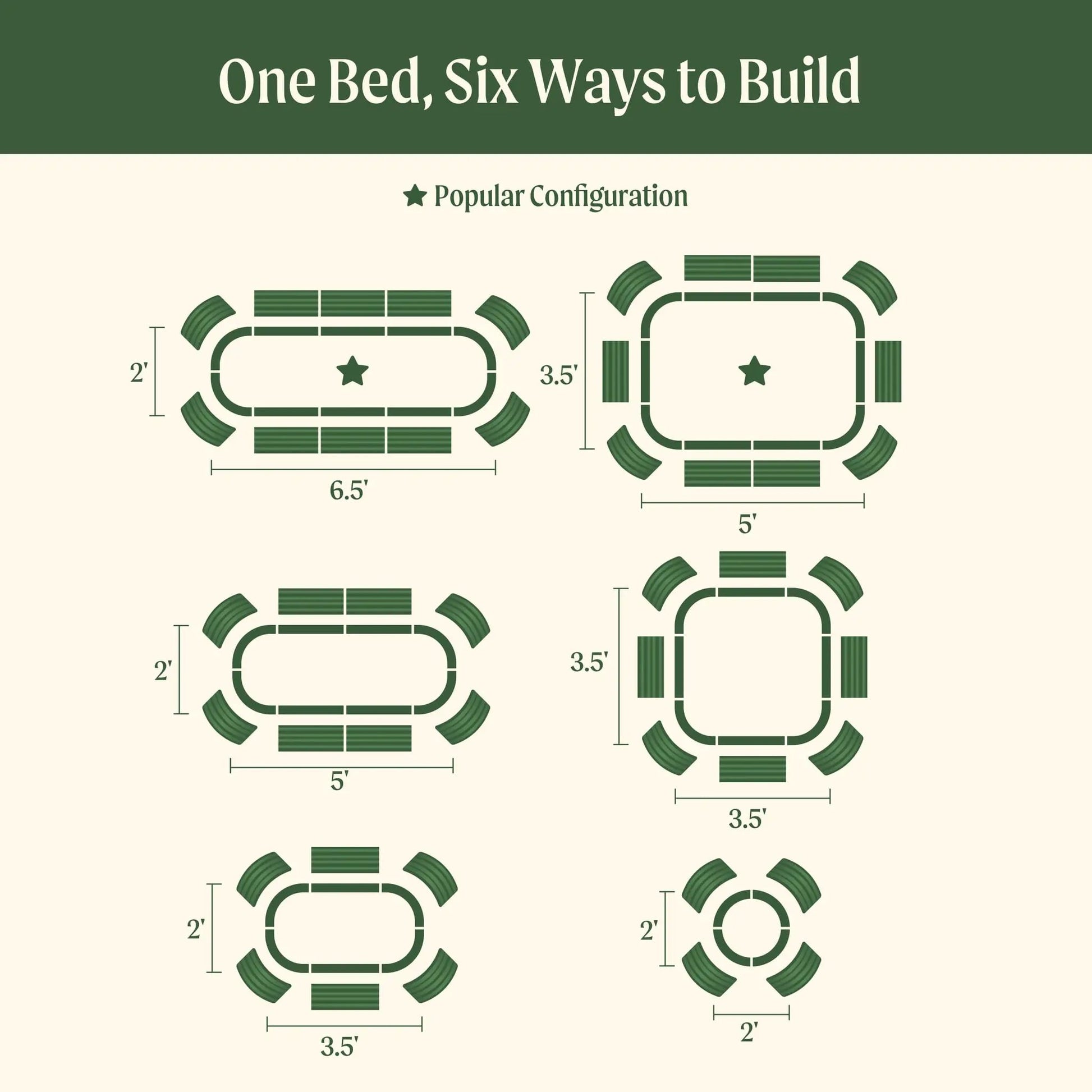 6-in-1 metal raised bed kit, 26 inch tall, Vego Garden, green panels shown in six layouts on Tampa Home & Garden Store