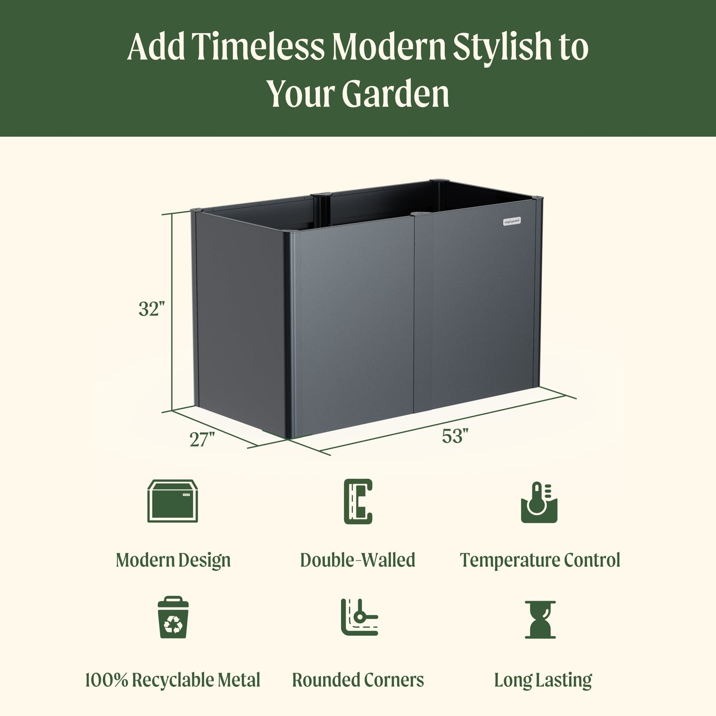 32" High Modern Raised Garden Bed 27"x 53" Midsize Metal