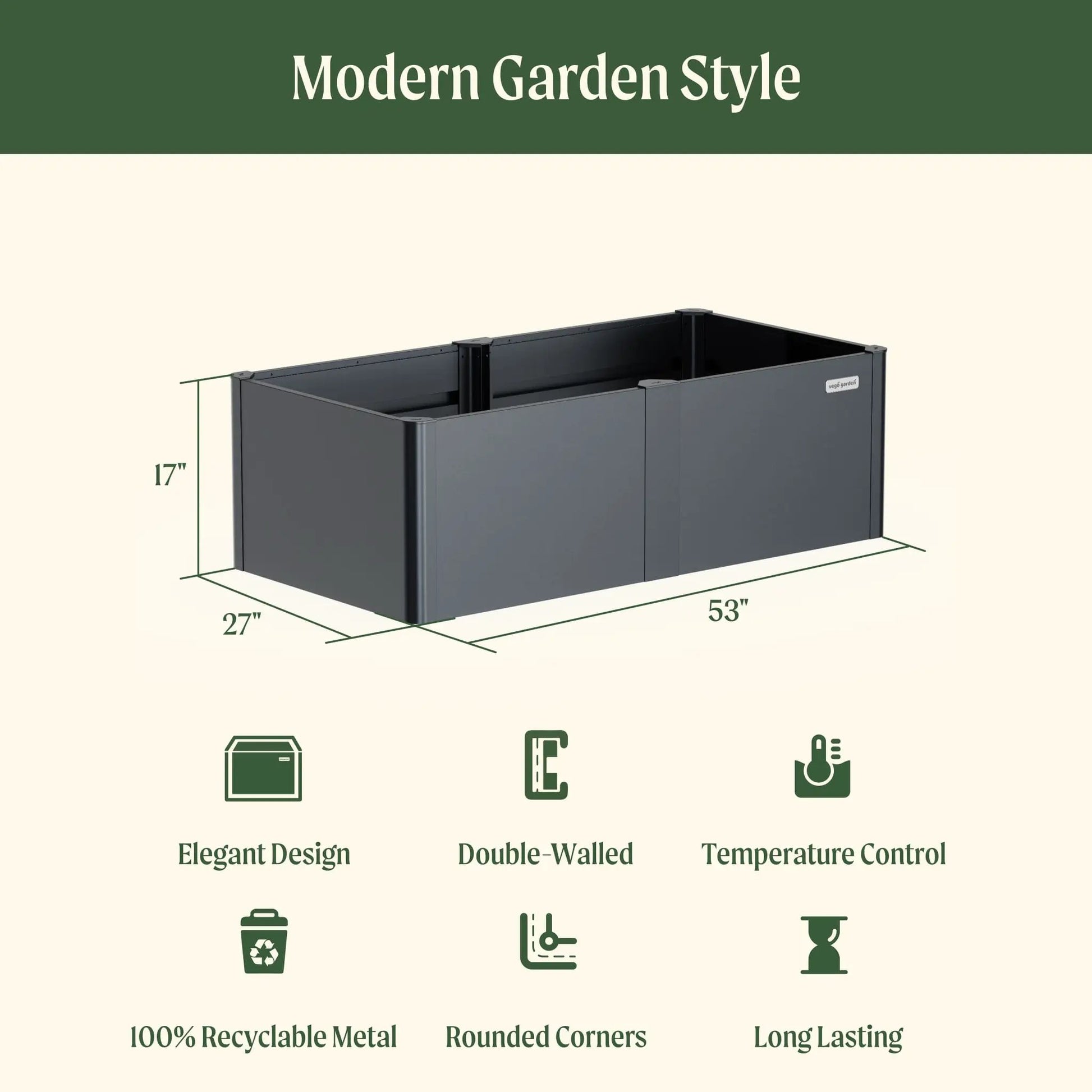 27 by 53 in Modern Metal Raised Garden Bed in dark gray with Vego Garden branding on Tampa Home & Garden Store