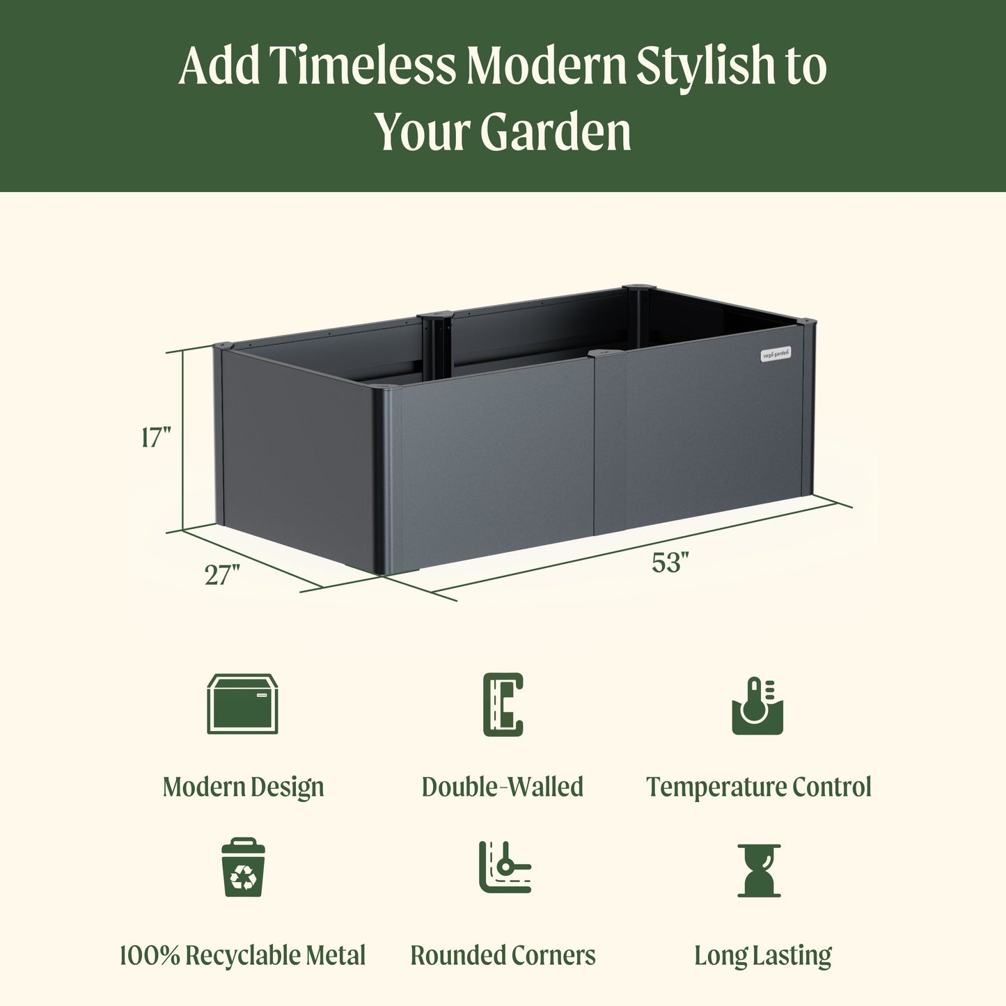 17" Tall 27" x 53" Modern Raised Garden Bed Metal