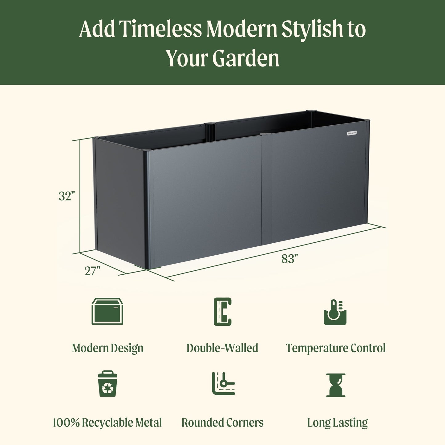 32" Tall Modern Raised Garden Bed 27" x 83" Long Metal