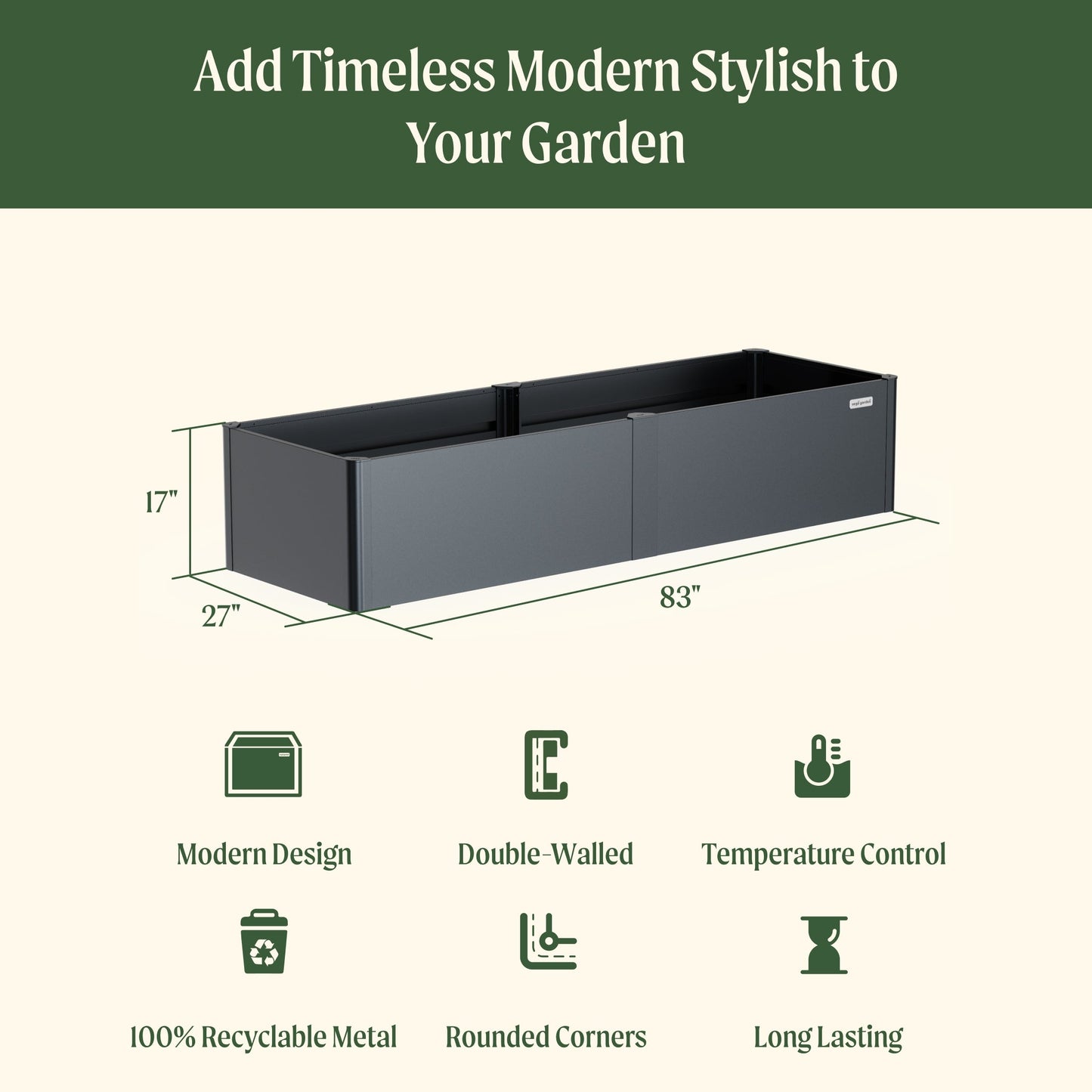17" Tall 27" x 83" Modern Raised Garden Bed Metal