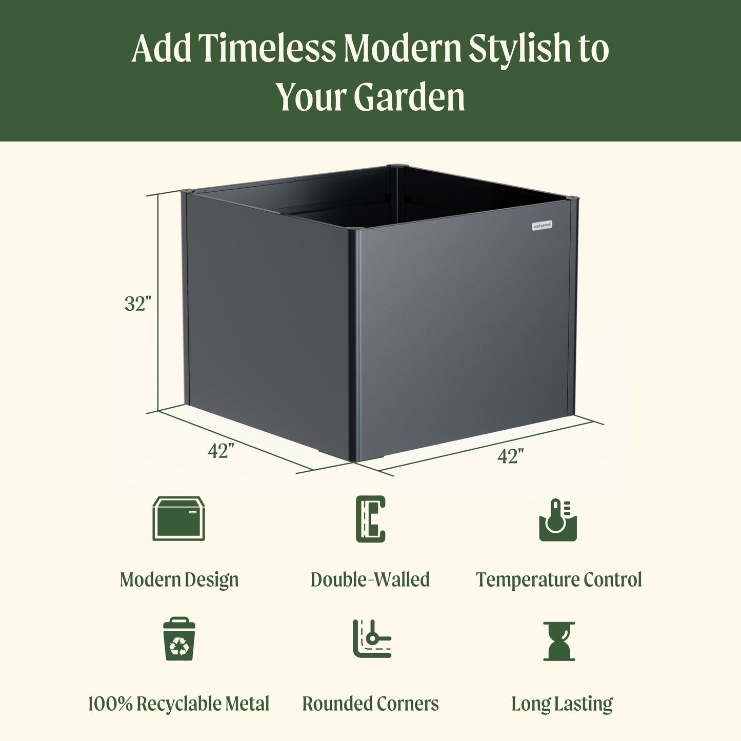 32" Tall Modern Raised Garden Bed Square 42" x 42" Metal