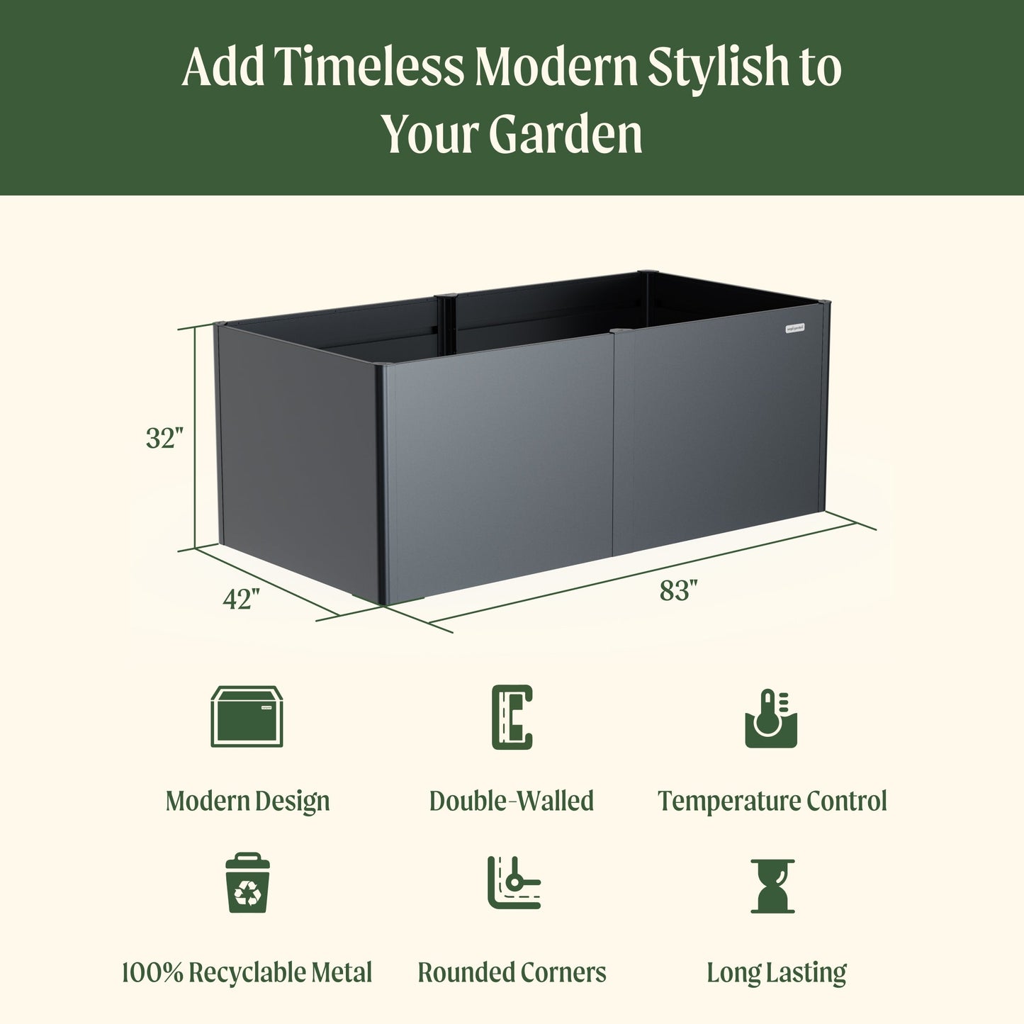 32" Tall Modern Raised Garden Bed Large 42" x 83" Metal