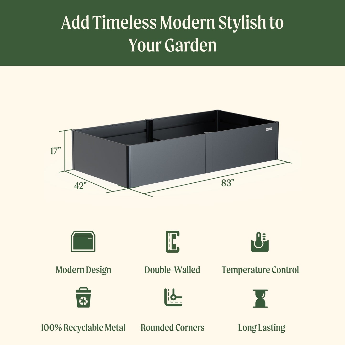 17" Tall Large Modern Raised Garden Bed 42" x 83" Metal