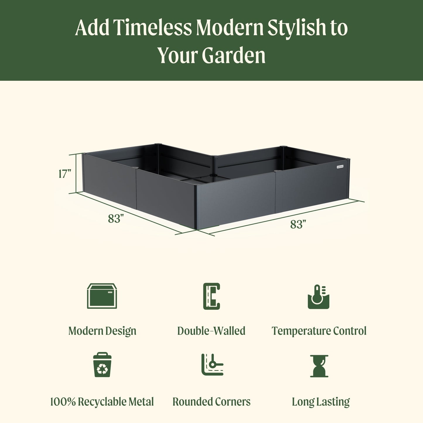 17" Tall Modern L Shaped Raised Garden Bed  83" x 83" Metal