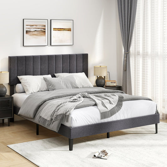 Velvet Upholstered Platform Bed with Height Adjustable Vertical Channel Headboard - Tampa Home & Garden Store