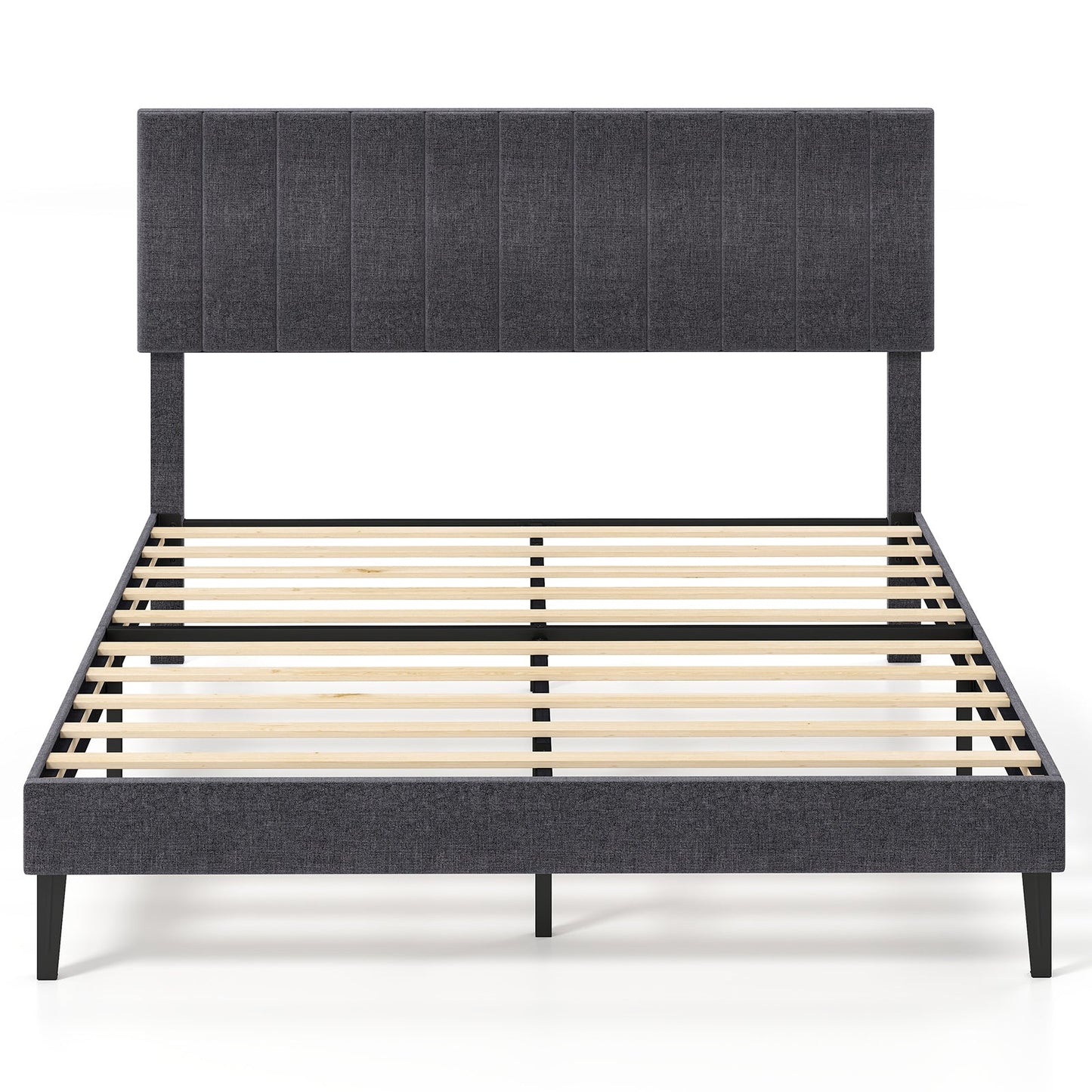 Velvet Upholstered Platform Bed with Height Adjustable Vertical Channel Headboard