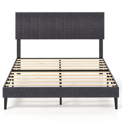 Velvet Upholstered Platform Bed with Height Adjustable Vertical Channel Headboard