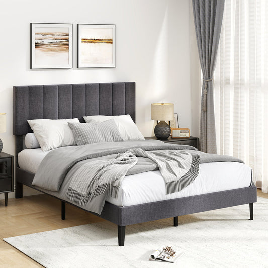 Velvet Upholstered Platform Bed with Height Adjustable Vertical Channel Headboard - Tampa Home & Garden Store
