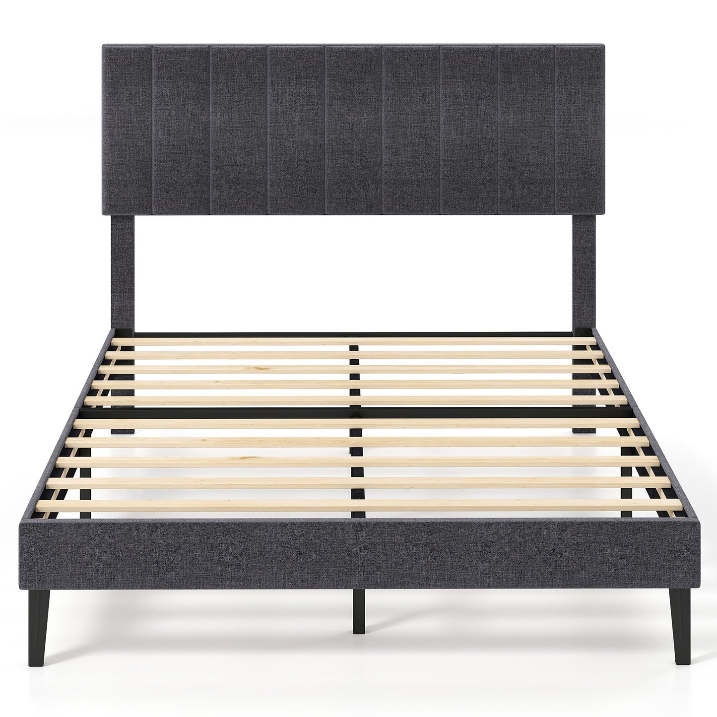 Velvet Upholstered Platform Bed with Height Adjustable Vertical Channel Headboard