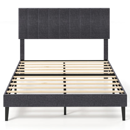Velvet Upholstered Platform Bed with Height Adjustable Vertical Channel Headboard