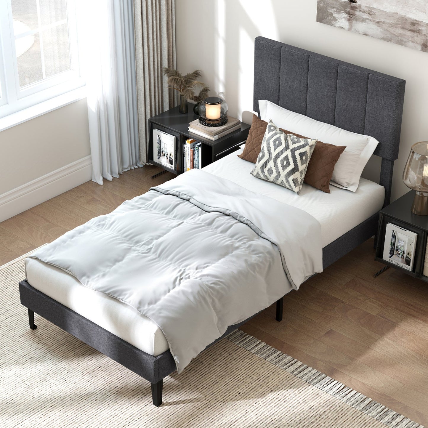 Upholstered Platform Bed with Adjustable Headboard Twin Size by DirectDeals in gray fabric on Tampa Home & Garden Store